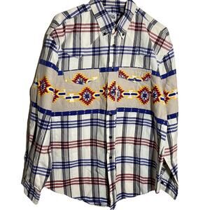 Basic Editions Button Down Cotton Aztec Print Southwestern Pockets Plaid XL